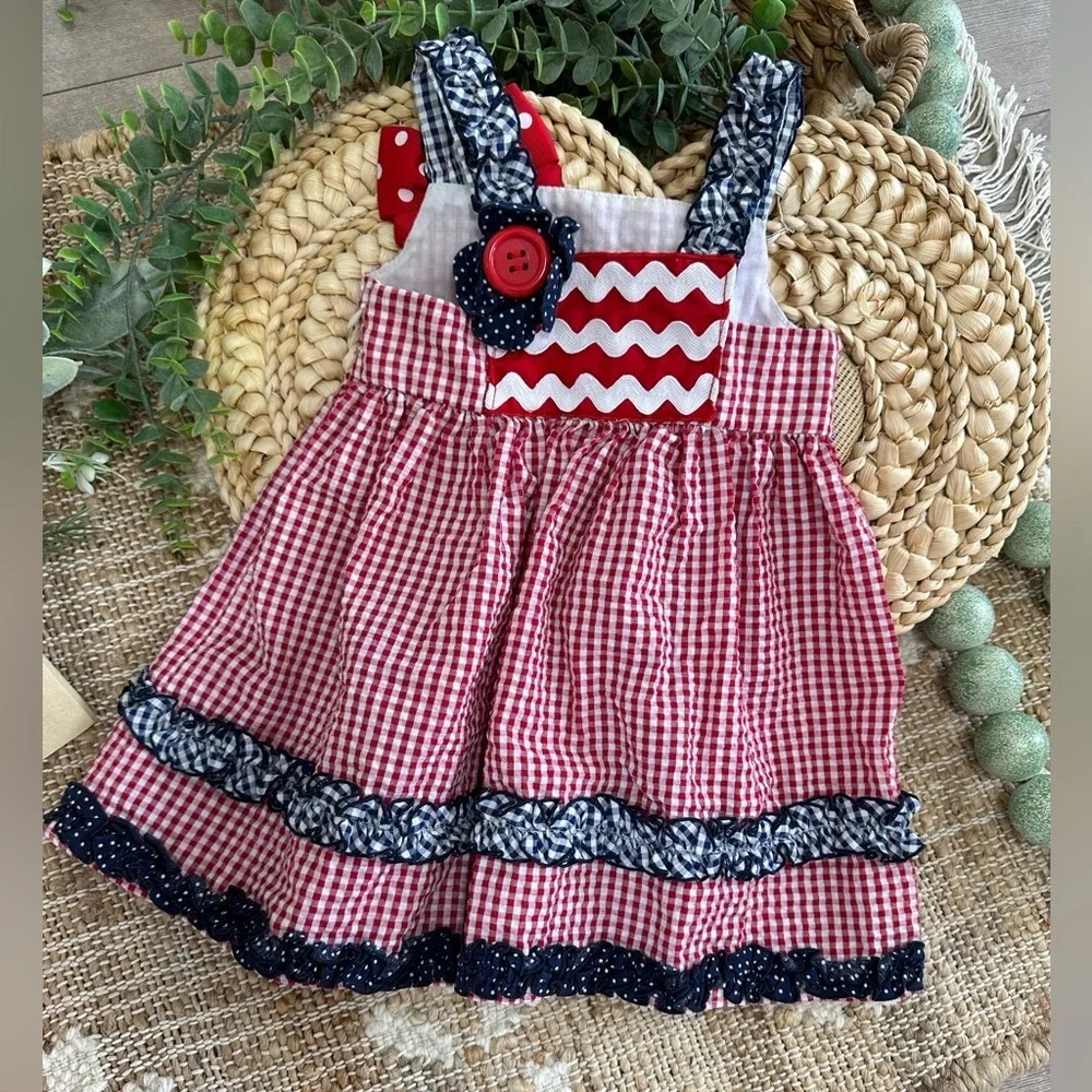 Bonnie Baby Girl’s 4th of July Gingham Dress Red White Blue Ruffle Patriotic